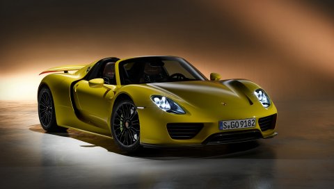 Porsche 918, spyder, porsche, желтый, вид сбоку