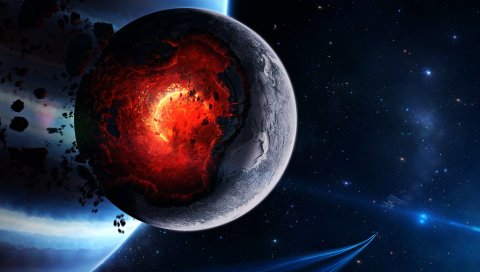 Пространство, катаклизм, планета, искусство, взрыв, астероиды, кометы, фрагменты