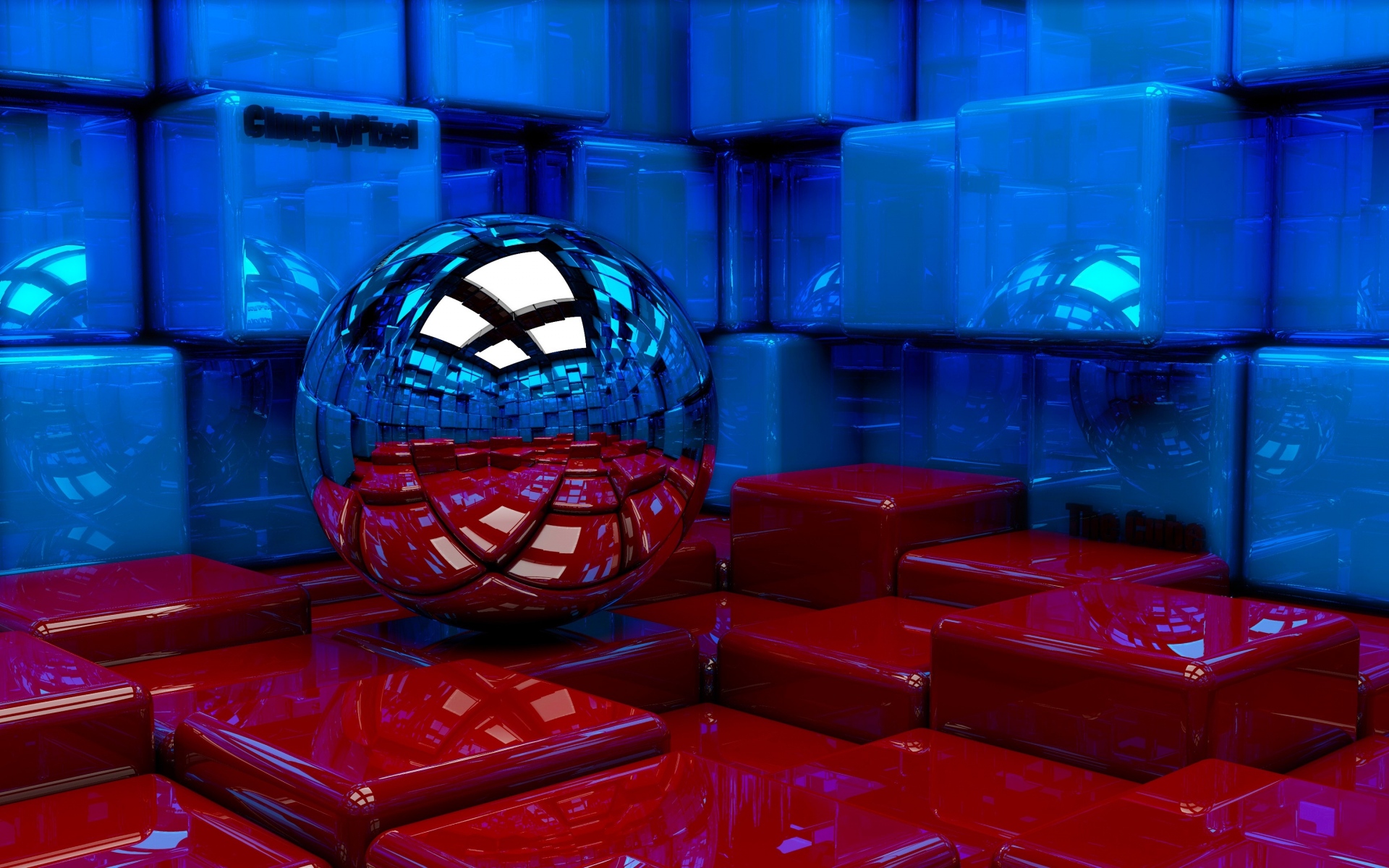 Картинки мяч, кубики, металл, синий, красный, отражение фото и обои на рабочий стол