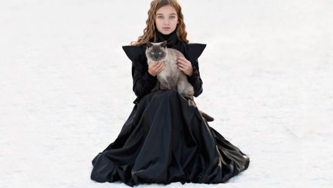 Девушка, кот, снег, фотосессия