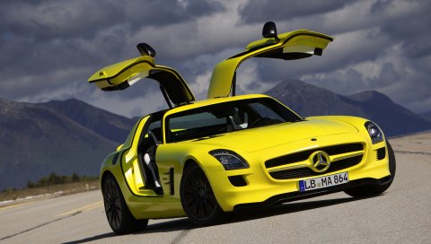 Mercedes-benz, желтый, sls, amg, e-cell, coupe