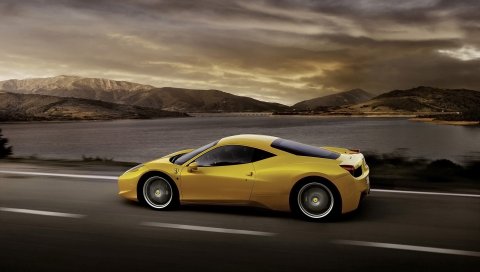 Ferrari 458 italia, желтый, автомобиль, вид сбоку, скорость