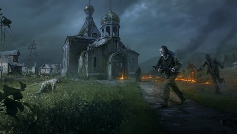 Dayz автономный, апокалипсис, огонь, люди, зомби, церковь, деревня, dayz