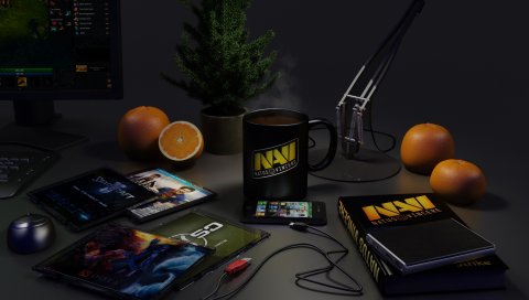 Natus vincere, navi, компьютер, телефон, мандарин апельсины, стол