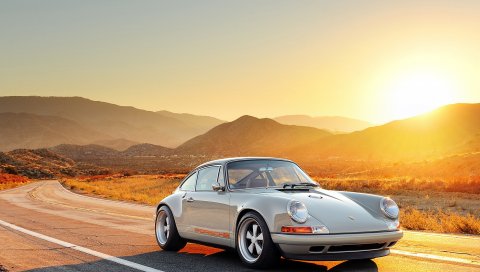 Porsche, 911, вид сбоку, закат, дорога