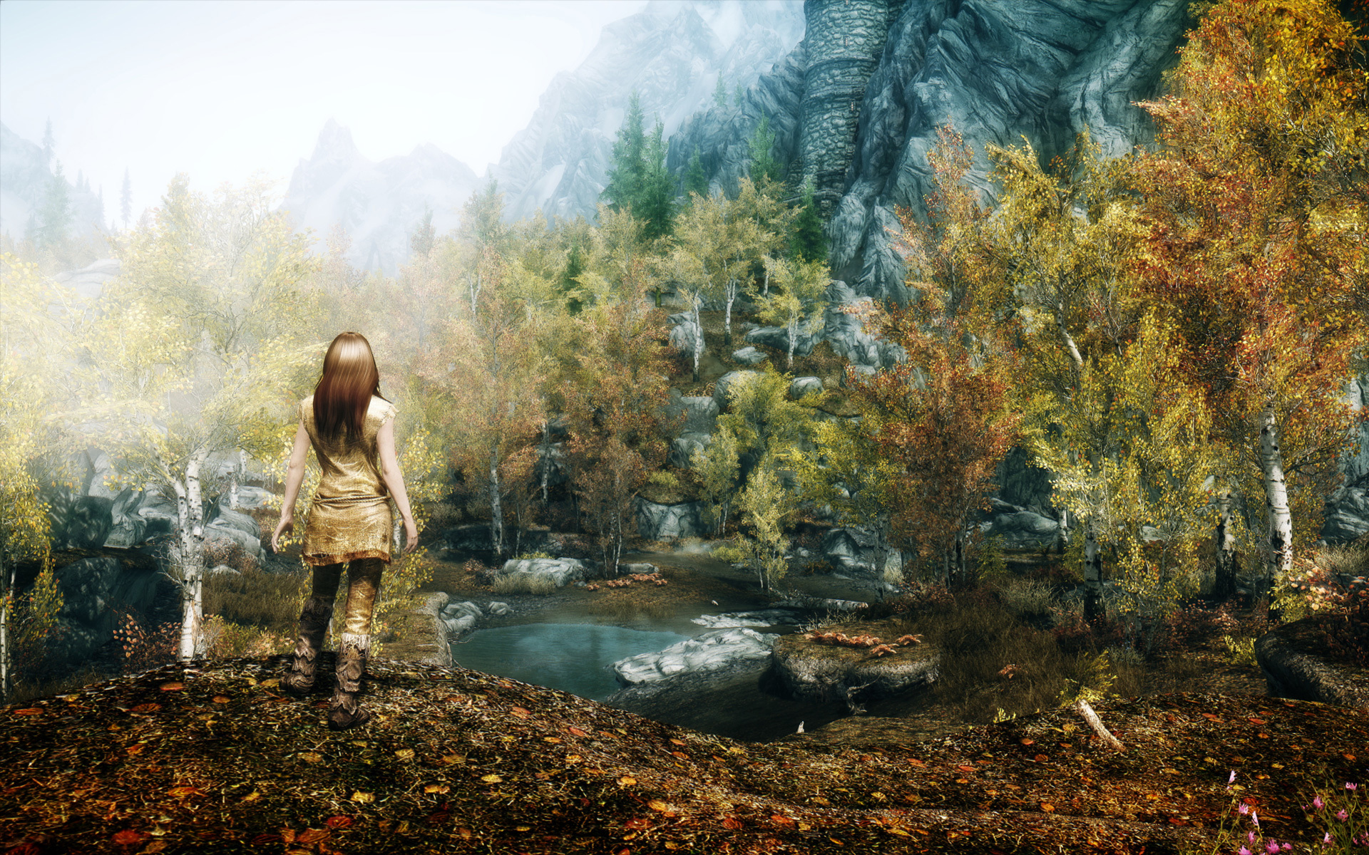 Картинки Skyrim, девушка, осень, деревья фото и обои на рабочий стол