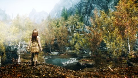 Skyrim, девушка, осень, деревья