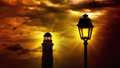 маяк, фонарь, небо, гроза, ночь