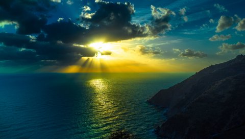 горы, море, океан, облако, ночь