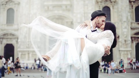 свадьбы, пара, поцелуи, улица, счастье