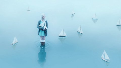 девушка, лодки, бумага, река, море, настроение