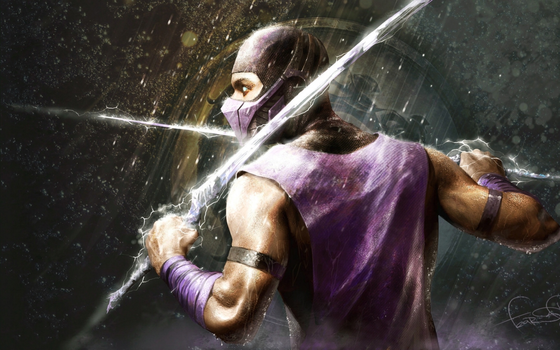 Картинки Mortal Kombat, дождь, герой, мечи, костюм фото и обои на рабочий стол
