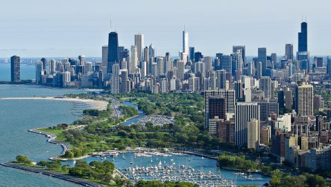Чикаго, небоскребы, вид сверху, океан