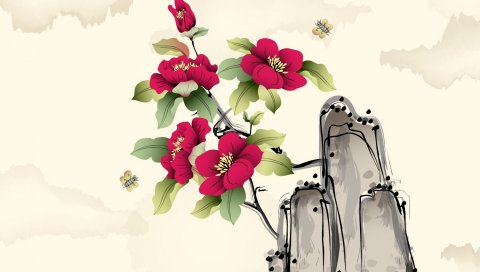 Цветы, камни, рисунок, искусство, облака
