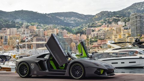 Lp700-4, lamborghini, aventador, серый, яхты, причал