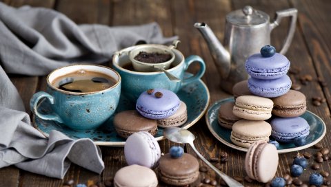 Кофе, чашки, зерно, макароны, печенье, глазурь, ягоды, черника, десерт, сладости, натюрморт