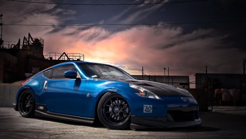Nissan, 370z, тюнинг, синий, вид сбоку