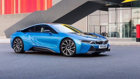 Bmw, i8, 2015, синий, вид сбоку