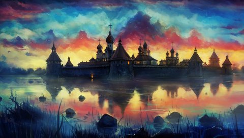 Рисунок, краска, монастырь, небо