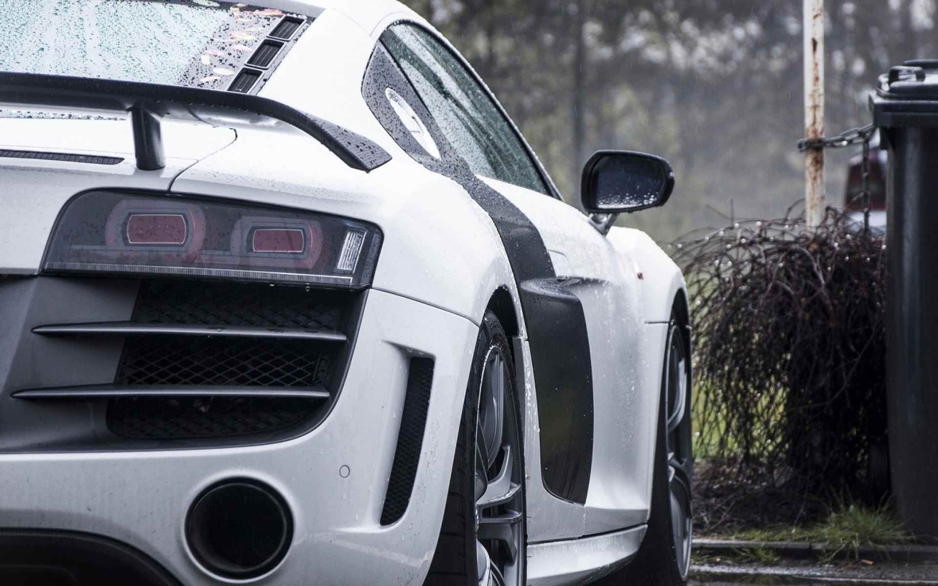 Картинки Audi, r8, gt, серебро, дождь, задний бампер фото и обои на рабочий стол
