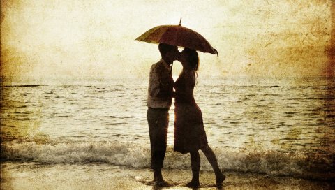 Мужчина, женщина, дождь, море, серфинг, любовь, силуэты, романтика