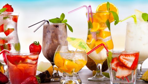 Коктейли, фрукты, клубника, апельсин, шоколад