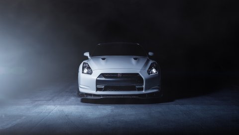 Nissan, gt-r, r35, белый, передний, дым