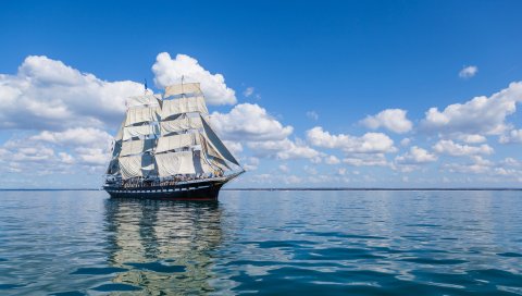 Корабль, море, небо, парус, волна