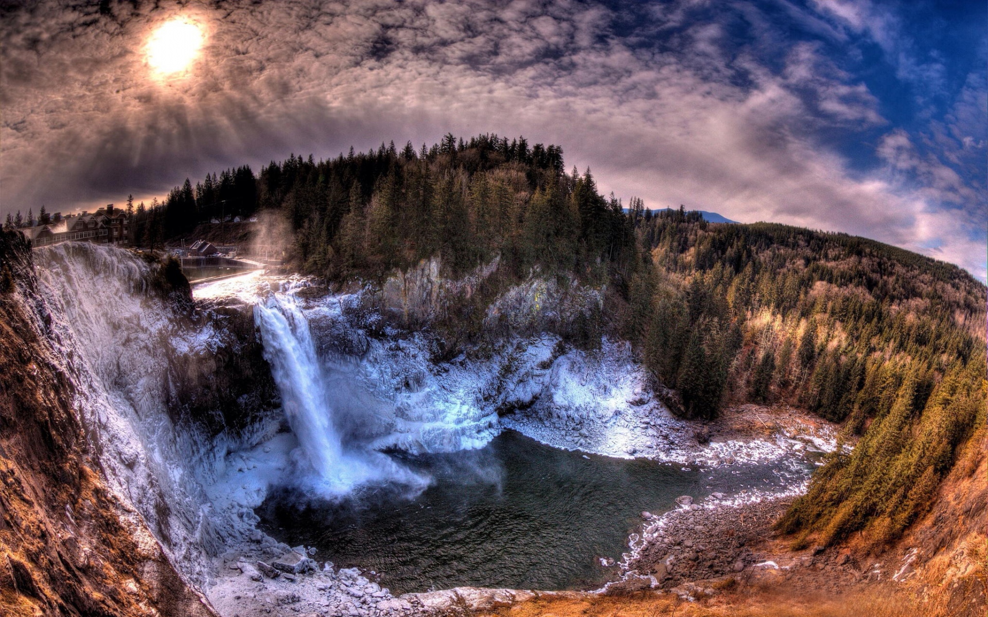 Картинки Водопад, скалы, небо, деревья, hdr фото и обои на рабочий стол