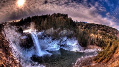 Водопад, скалы, небо, деревья, hdr