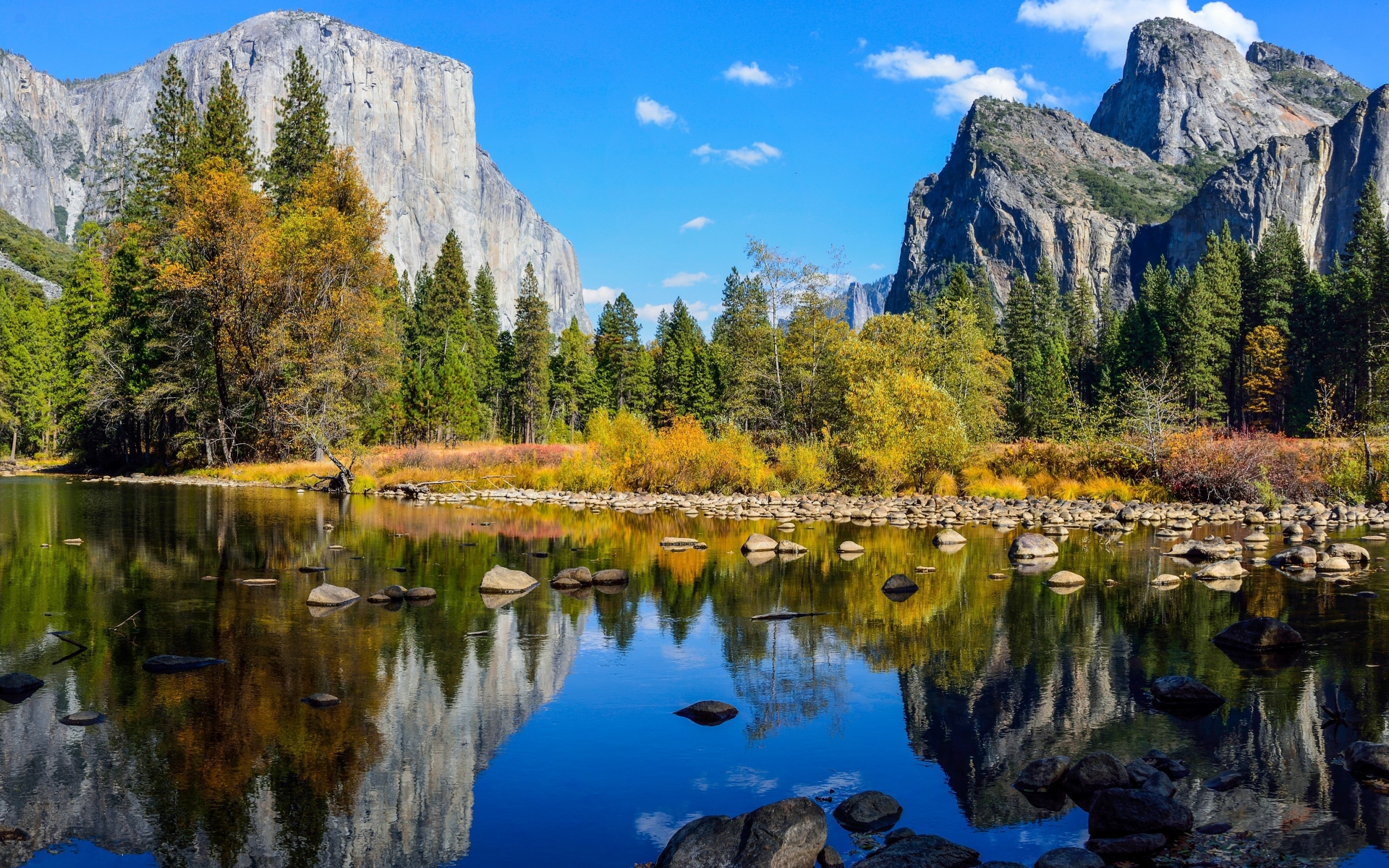 Картинки Национальный парк Йосемити, озеро, скалы, горы, осень, природа фото и обои на рабочий стол