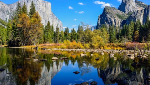Национальный парк Йосемити, озеро, скалы, горы, осень, природа