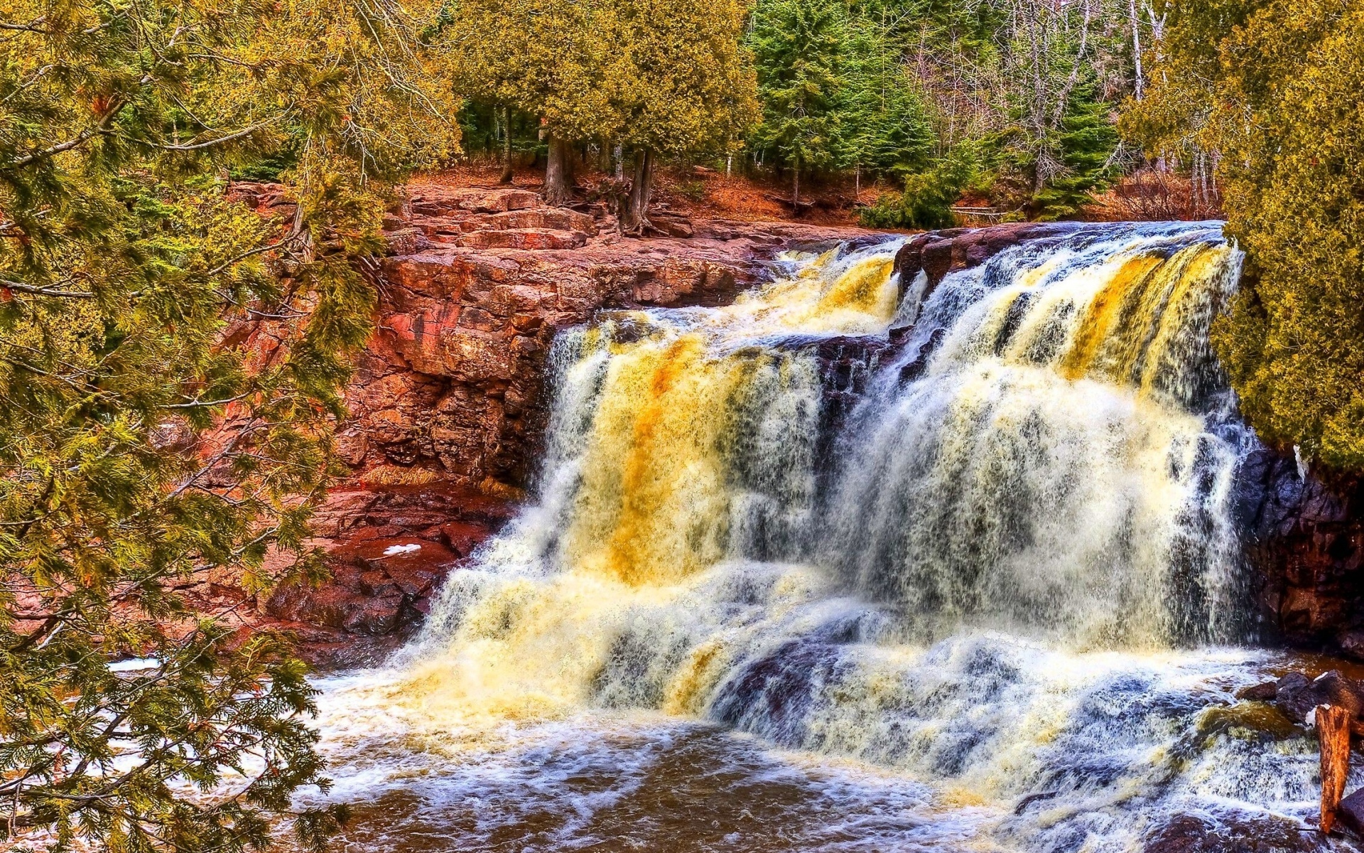 Картинки Водопад, река, скалы, деревья, hdr фото и обои на рабочий стол