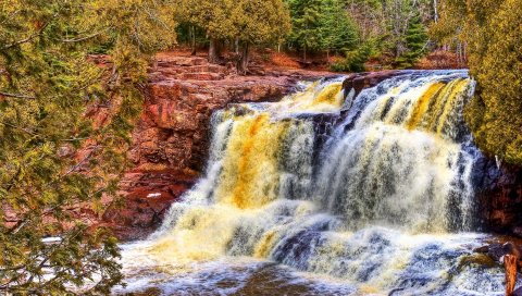 Водопад, река, скалы, деревья, hdr