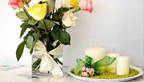 Розы, букет, ваза, свеча, композиция