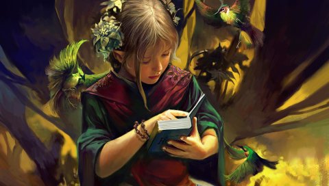 девушки, эльф, книги, птица, фантастика