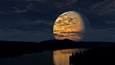 ночь, небо, луна, деревья, река, отражение