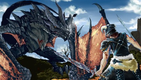 искусство, Elder Scrolls V, Skyrim, дракон, воин, битва, кровь