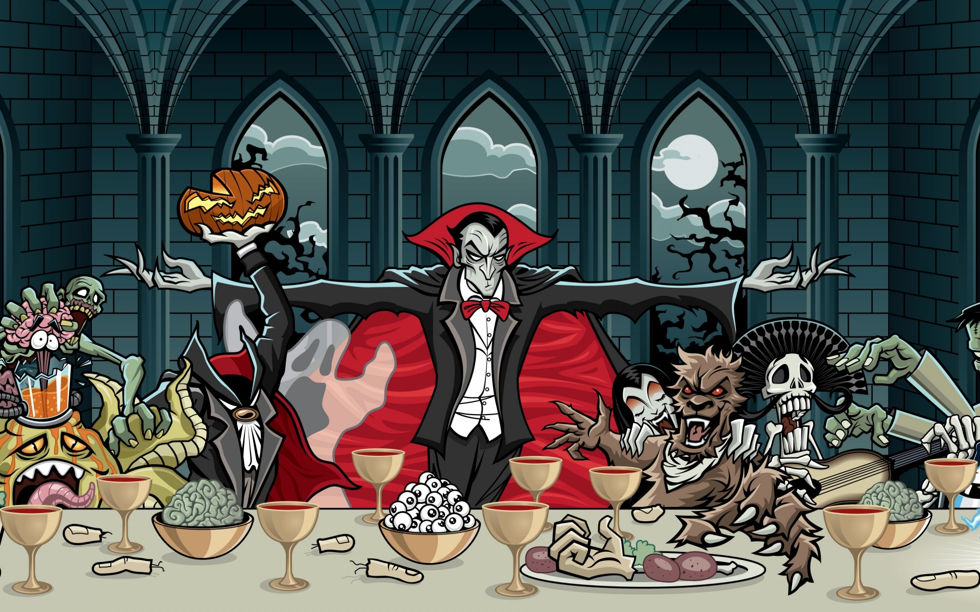 Картинки Дракула, вампир, искусство, праздник, тыквы, Хэллоуин фото и обои на рабочий стол