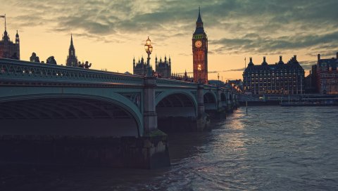 ночью, лондон, мост, река, часы