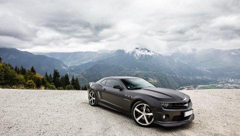 Chevrolet, Camaro SS, черный, небо, облака, горы
