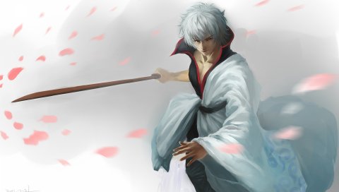 Gintama, Саката Гинтоки, искусство, повешение, человек, катана, меч, лепестки
