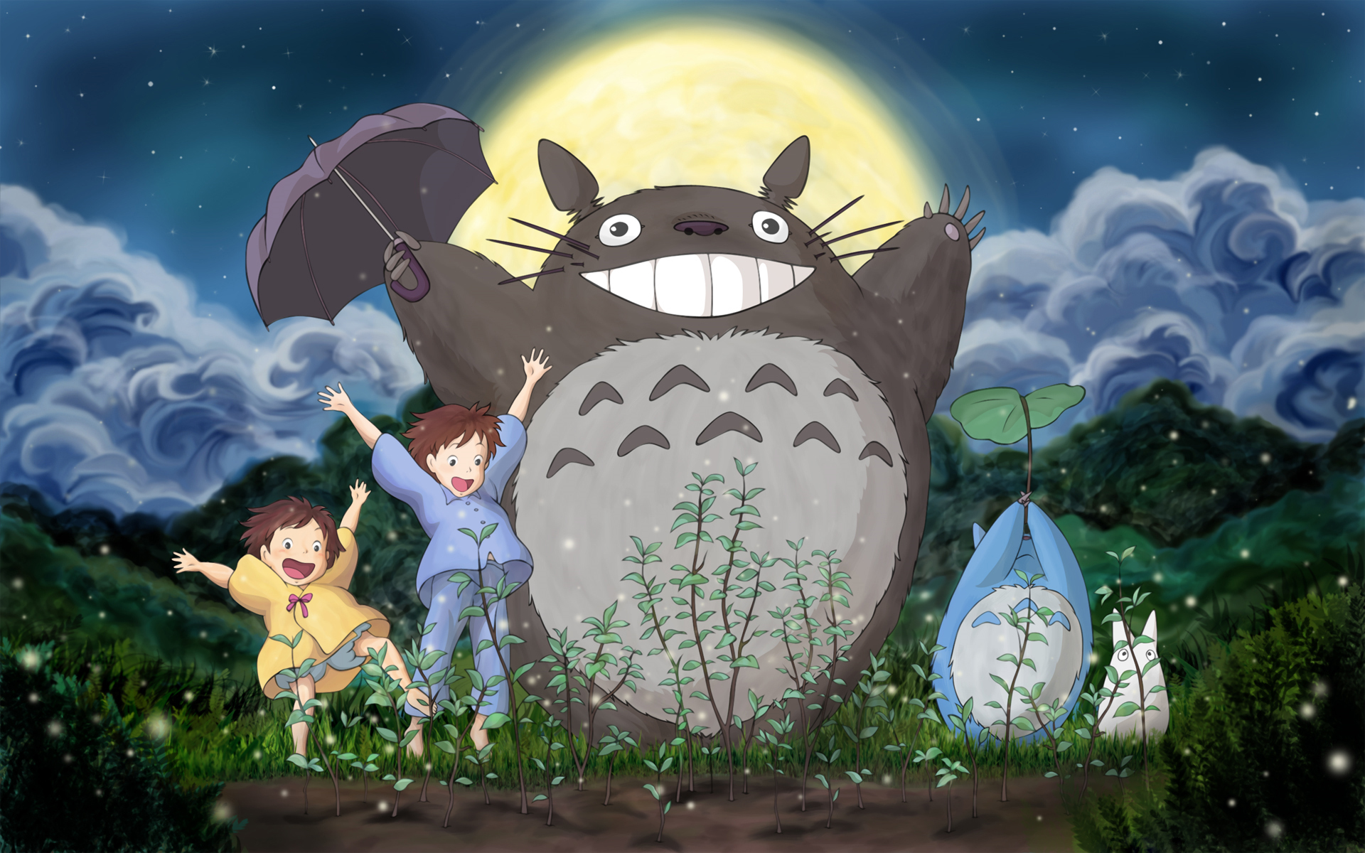 Картинки Ghibli, мой сосед Тоторо, мэй, Сацуки, Тоторо, лес, небо, луна, трава, облака, Хаяо Миядзаки фото и обои на рабочий стол