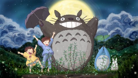 Ghibli, мой сосед Тоторо, мэй, Сацуки, Тоторо, лес, небо, луна, трава, облака, Хаяо Миядзаки