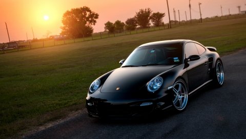 Porsche, 911, турбо, 997, черная, спереди, солнце, трава, размышления