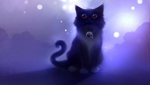 кот, черная, рисунок, ночь, apofiss