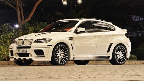 бмв, X6M, Hamann, белый, ночь, улица, свет