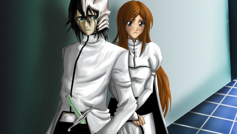 лимонад простак, девушка, Иноуэ Орихиме, парень, Ulquiorra Шиффер, взгляд, удивление, страх, оружие, меч, Espada, дезинфицирующие, дезинфицирующие