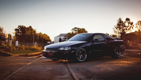 R34, nissan, skyline, железная дорога, гтп, черный, передний