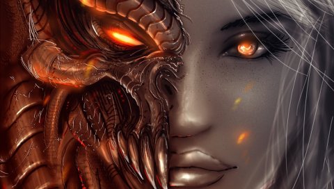 Diablo 3, искусство, девушка, ангел, демон, лицо, глаза